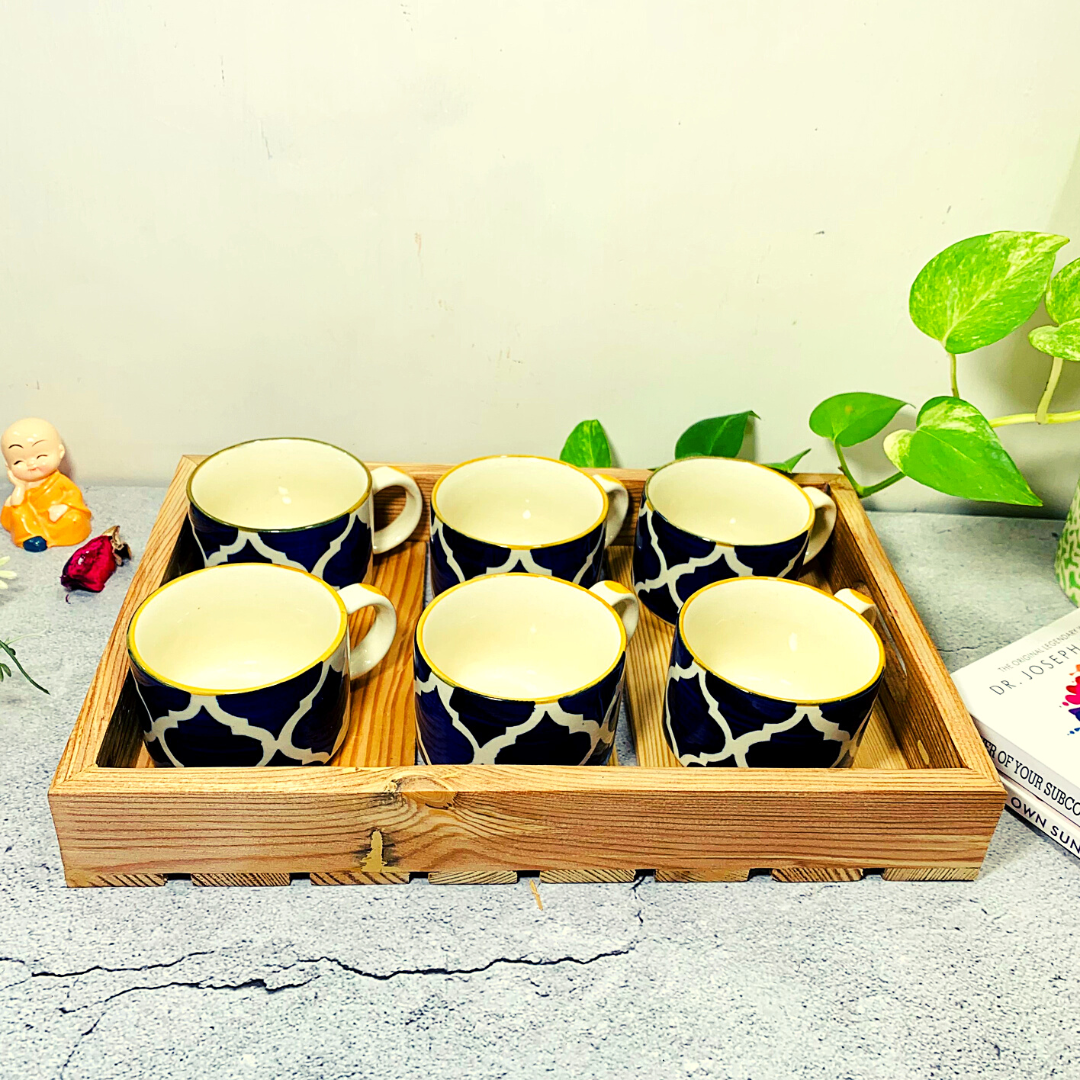 Homefrills Premuim Stoneware Hand Painted Mustard Blue Moroccan Design Ceramic Stylish Tea/Coffee Cups Set of 6